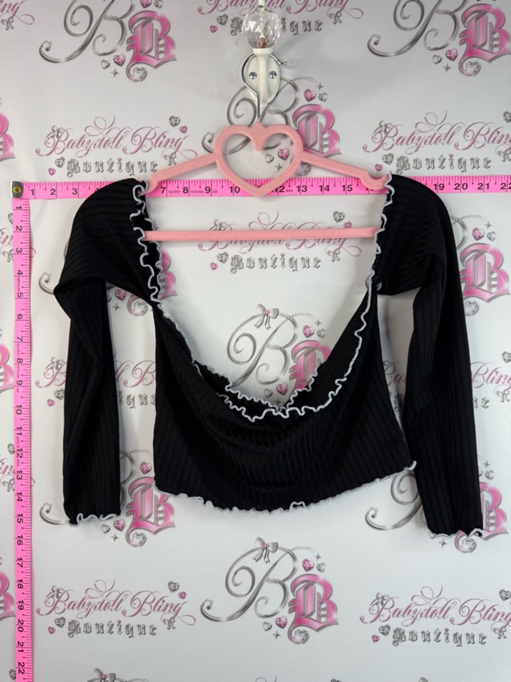 Boohoo crop top off shoulder Black Ribbed Long Sleeve Top White ruffle Trim